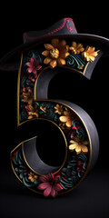 number 5 on black background with sombrero and flowers, Mexican style, generativ ai