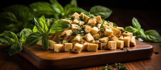 Wall Mural - Diced smoked soy cheese and soy beans with basil closeup