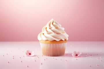 Wall Mural - Delicious Cupcake with Icing on Pastel Background, Sweet Dessert. Generative AI