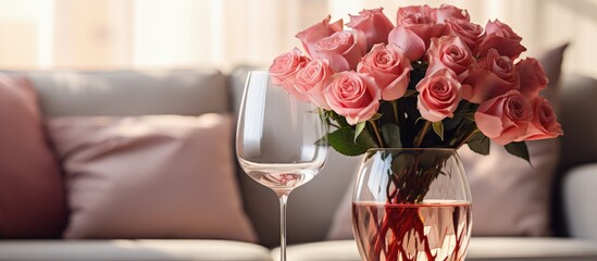 Poster - Valentine s Day decorated living room with vases flowers and wine glasses on table