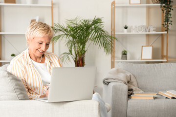 Poster - Mature woman learning English language online at home