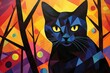 Halloween cubist artwork depicting a mischievous black cat in vivid colors and geometric shapes.
