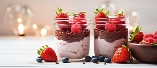 Two glasses on a white wooden table showcasing a sweet cream cheese and berry breakfast Side view Heart shaped chocolate and fresh berries adorn the strawberry Valentine s Day dessert