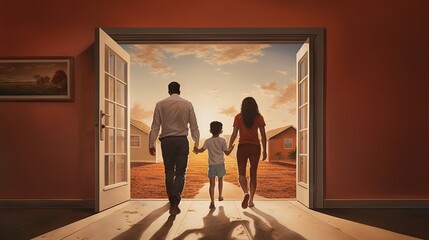 Wall Mural - A family steps into a new home, symbolizing a fresh start and familial growth. A heartwarming transition to new beginnings. Generative AI.