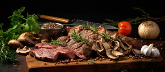 Wall Mural - Prepared stew with sliced venison and forest mushrooms