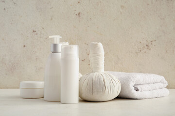 Set of spa supplies on white background