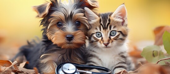 Poster - Cat and puppy with stethoscope isolated on white