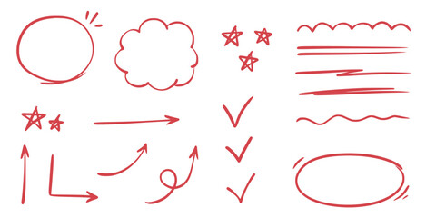 Poster - Red line check mark, underline, circle. Hand drawn doodle sketch red marker stroke emphases, highlight, check mark elements. Study focus, important underline, circle sketch. Vector illustration.