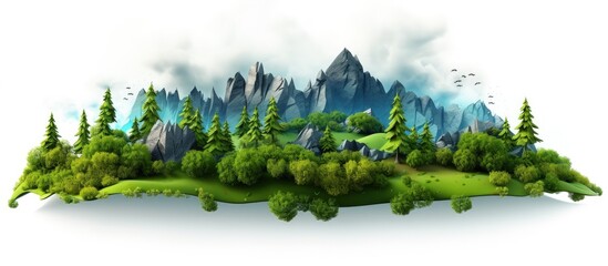 Sticker - Isolated white background landscape illustration with green island trees mountains and clouds