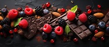 Close Up Of A Chocolate Bar With Berries Nuts And Dried Fruits On A Dark Background