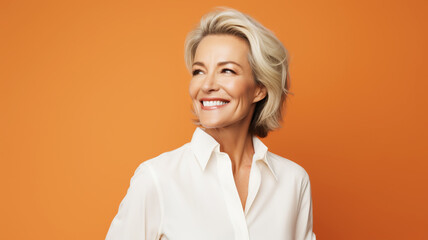 Wall Mural - Happy mature businesswoman on an orange solid background