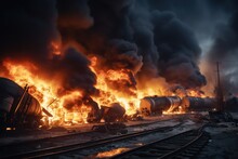 View Of A Train Derailed Exploding With Fire And Smoke. Tanks Burning Fire With Pesticides. Wagons Freight Train Carrying Hazardous Substances Derailed. Concept Technogenic Disaster.