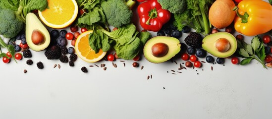 Wall Mural - Fresh organic fruits vegetables and beans on a light gray background representing organic food