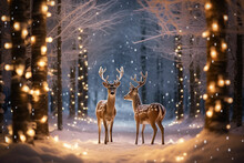 Beautiful Deer And Christmas Festival In Pine Woods Spectacular Decoration