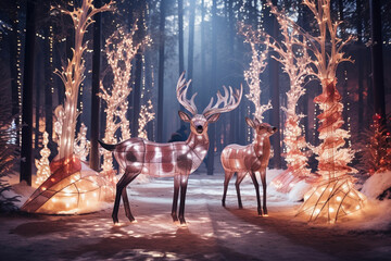 Beautiful deer and christmas festival in pine woods spectacular decoration