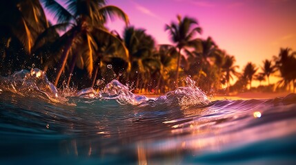 Wall Mural - Beach with waves and coconut trees at sunset. Generative AI