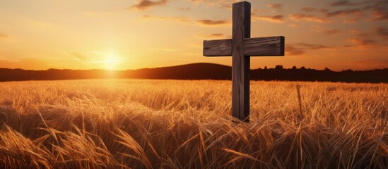 Wall Mural - Wooden cross sunrise on grass