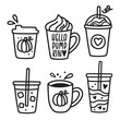Fall pumpkin spice latte coffee drink outline drawing vector illustration set.