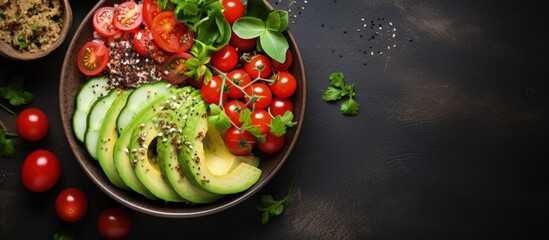 Poster - Bowl of nutritious vegan food avocado quinoa tomato cucumber veggie salad Ideal for breakfast or snack clean eating vegan diet concept