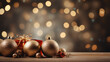 Christmas background with golden Christmas balls and bokeh behind