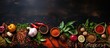 © AkuAku - High quality photo of herbs and spices for cooking on a dark background with copy space for a mock up banner