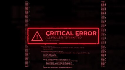 CGI video of critical error message flashing on computer screen with code in background, hacker alert design