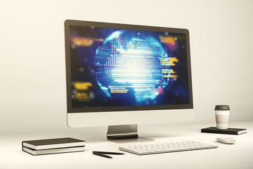 Wall Mural - abstract creative coding illustration with world map on modern computer monitor, international softw
