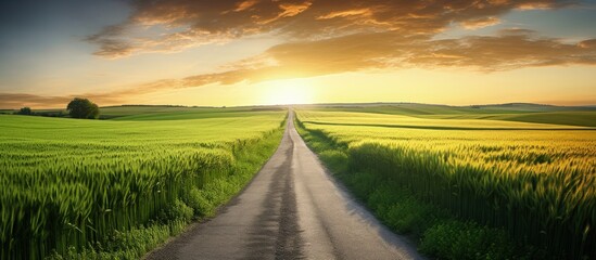 Wall Mural - Sunrise over country road and green wheat fields