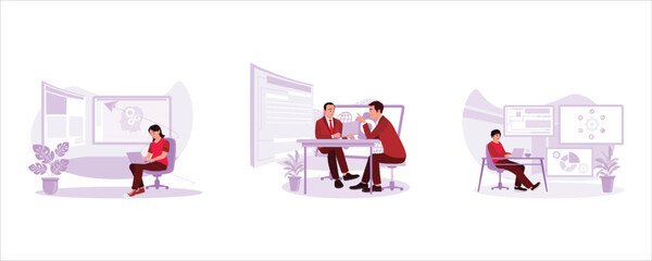 Developing programming and coding technology. Programmer working in office. Programming code. Software developers concept. Set Trend Modern vector flat illustration