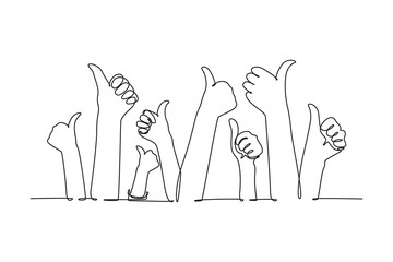 Wall Mural - Single one line drawing people arm hands raising with thumb up gesture. Good service excellence in business industry sector sign concept. Modern continuous line draw design graphic vector illustration