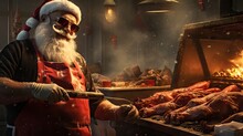 Santa Claus, Usually Known For Gift-giving, Expertly Preps Meat For A Festive Barbecue, Showing A Surprising Culinary Side To His Talents. Generative AI.