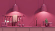 Viva magenta is a trend colour year 2023 in the kitchen room. Interior of the room in plain monochrome viva magenta color with washing sink, faucet, refrigerator, frame on the wall.3d render	
