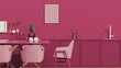 Viva magenta is a trend colour year 2023 in the kitchen room. Interior of the room in plain monochrome viva magenta color with washing sink, faucet, refrigerator, frame on the wall.3d render	
