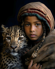 Portrait of a child with a leopard