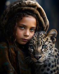 Portrait of a girl with leopard together