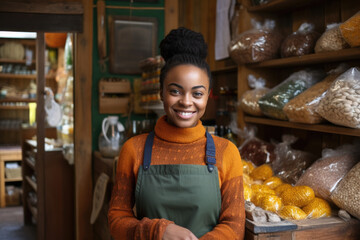 Poster - Woman standing in front of shelf filled with various food items. This image can be used to depict grocery shopping, healthy eating, meal planning, or food choices.