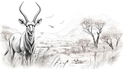 Canvas Print -  a black and white drawing of a gazelle in the wild.  generative ai