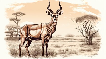 Wall Mural -  a drawing of a gazelle standing in a field with trees.  generative ai