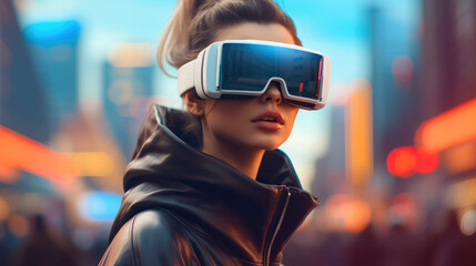 Aufkleber - Beautiful woman wearing a vr headset in front of a cityscape.