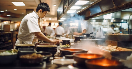 Wall Mural - Chef preparing food, Busy Japanese restaurant, Staff in motion.