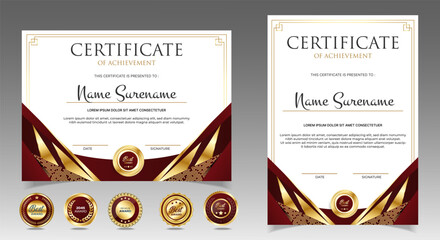 Wall Mural - red and gold certificate of appreciation border template with luxury badges. vector
