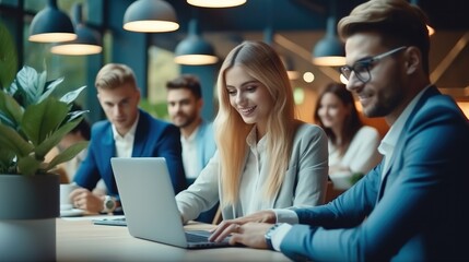 Aufkleber - Smiling diverse business people sit at office desk talk laugh discussing business ideas together.