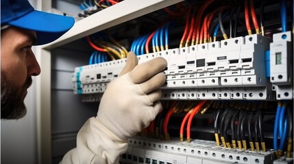 Aufkleber - Technician checking fuse box in control room.