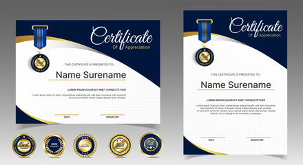 Certificate of appreciation template, gold and blue color. Clean modern certificate with gold badge. Certificate border template with luxury and modern line pattern. Diploma vector template	