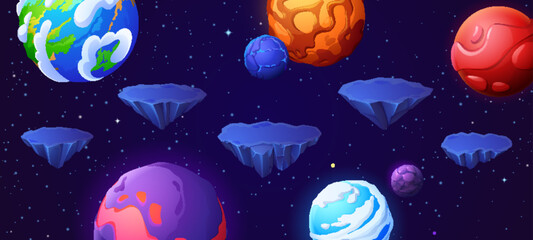 Wall Mural - floating platform space game level ui background. 2d planet in galaxy for online adventure videogame