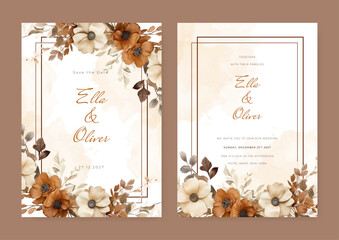 Fototapete - Brown beige and white wedding invitation card template with flower and floral watercolor texture vector