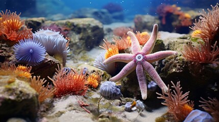 Wall Mural - A starfish in an aquarium surrounded by colorful sea life