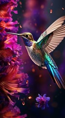 Poster - A vibrant hummingbird in flight above a stunning purple flower