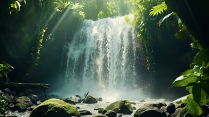 Poster - A majestic waterfall surrounded by lush greenery in a serene forest setting