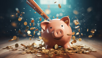 Smash a piggy bank with a hammer and the coins fly around